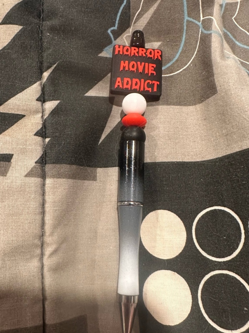Horror Movie Addict Beaded Pen Topper - Black & Red Accent